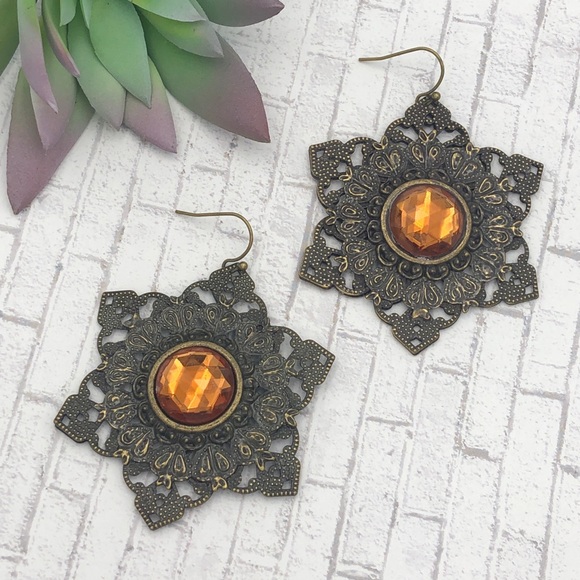 Fashion Jewelry Jewelry - 🌼 Filigree Star Flower Vintage Look Brown Gem Dangle Earrings